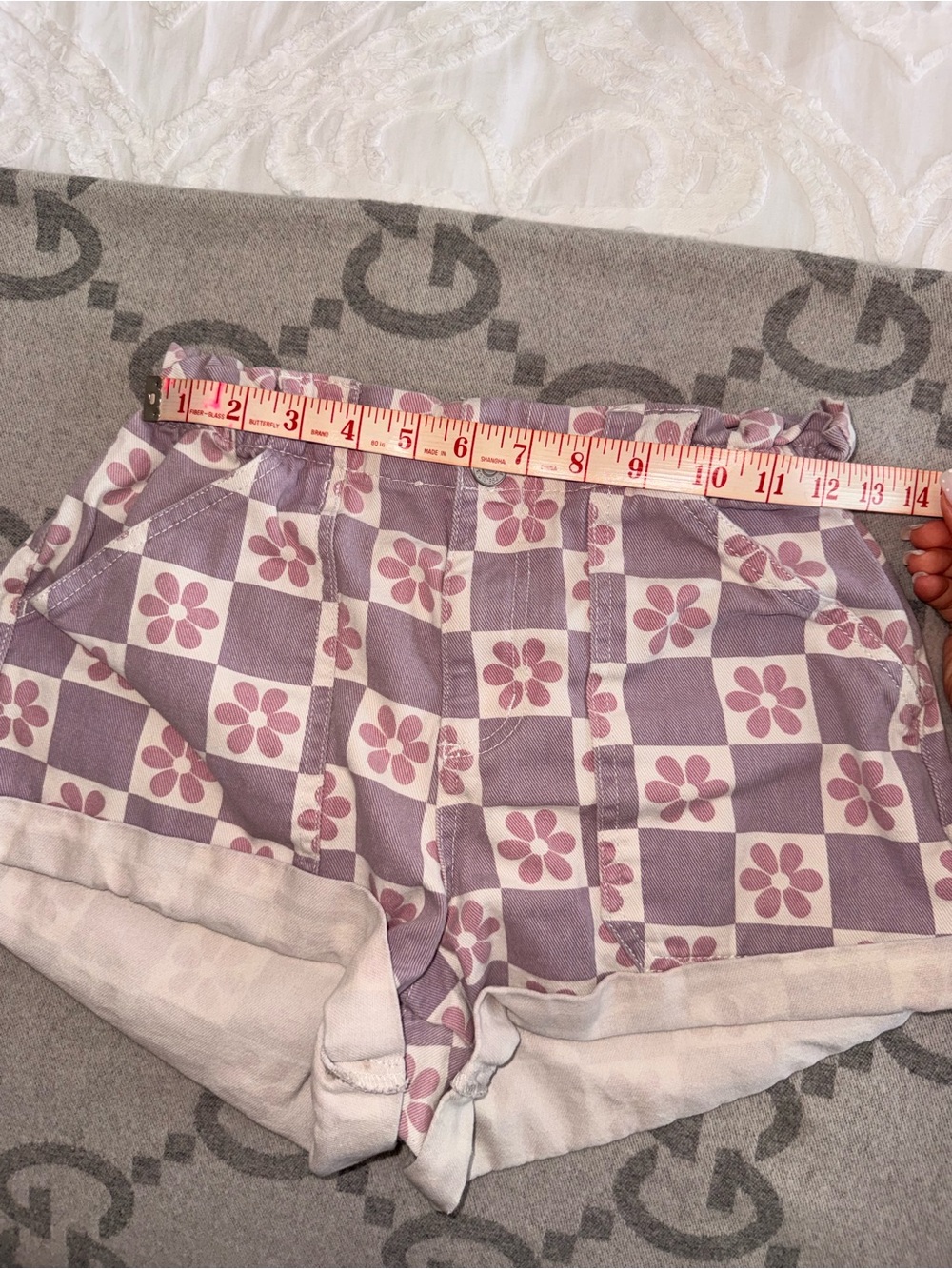 Lavender Floral Checker High Rise Paperbag Denim Shorts - Picture 8 of 10